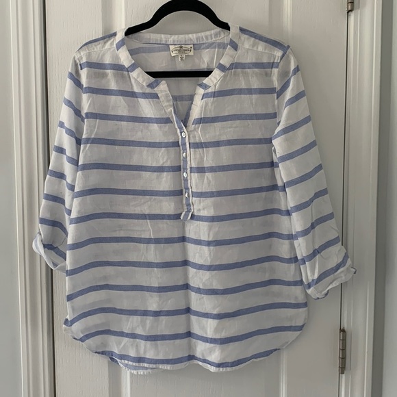 Grand & Greene Blue Stripe Linen Blouse L nautical white blue roll up sleeves - Picture 1 of 11